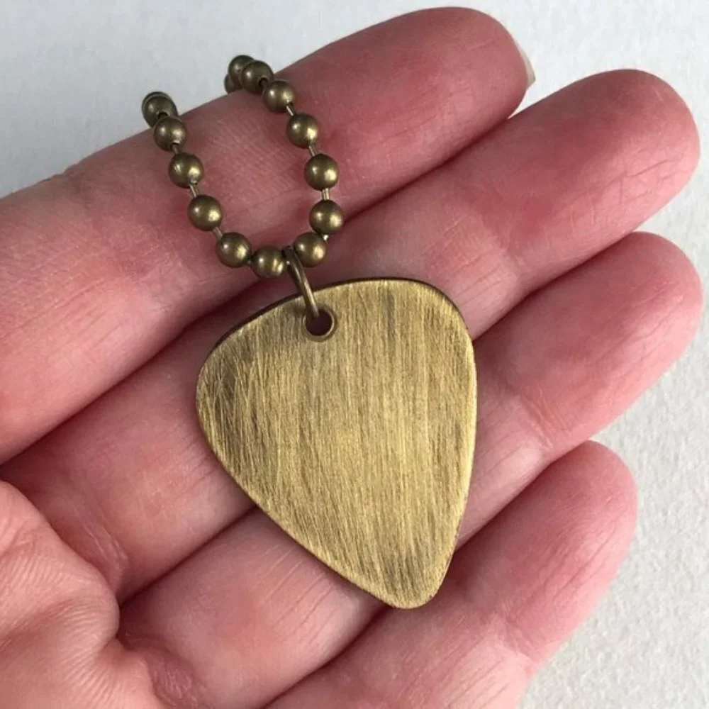 Antique Brass Guitar Pick Necklace- 24 Inch Chain